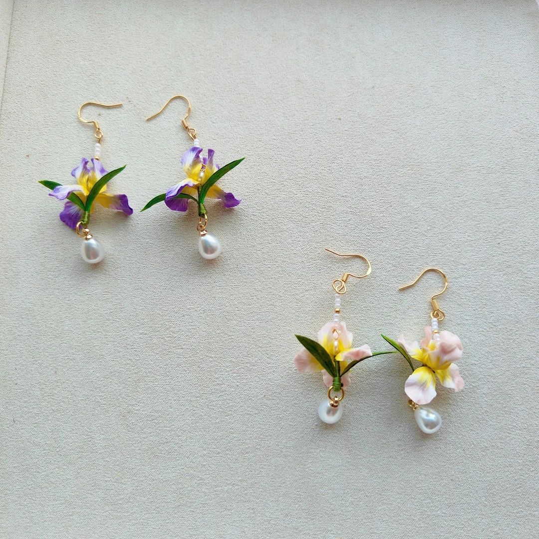 非遗绒花耳环耳钩新中式鸢尾花耳环国风耳饰