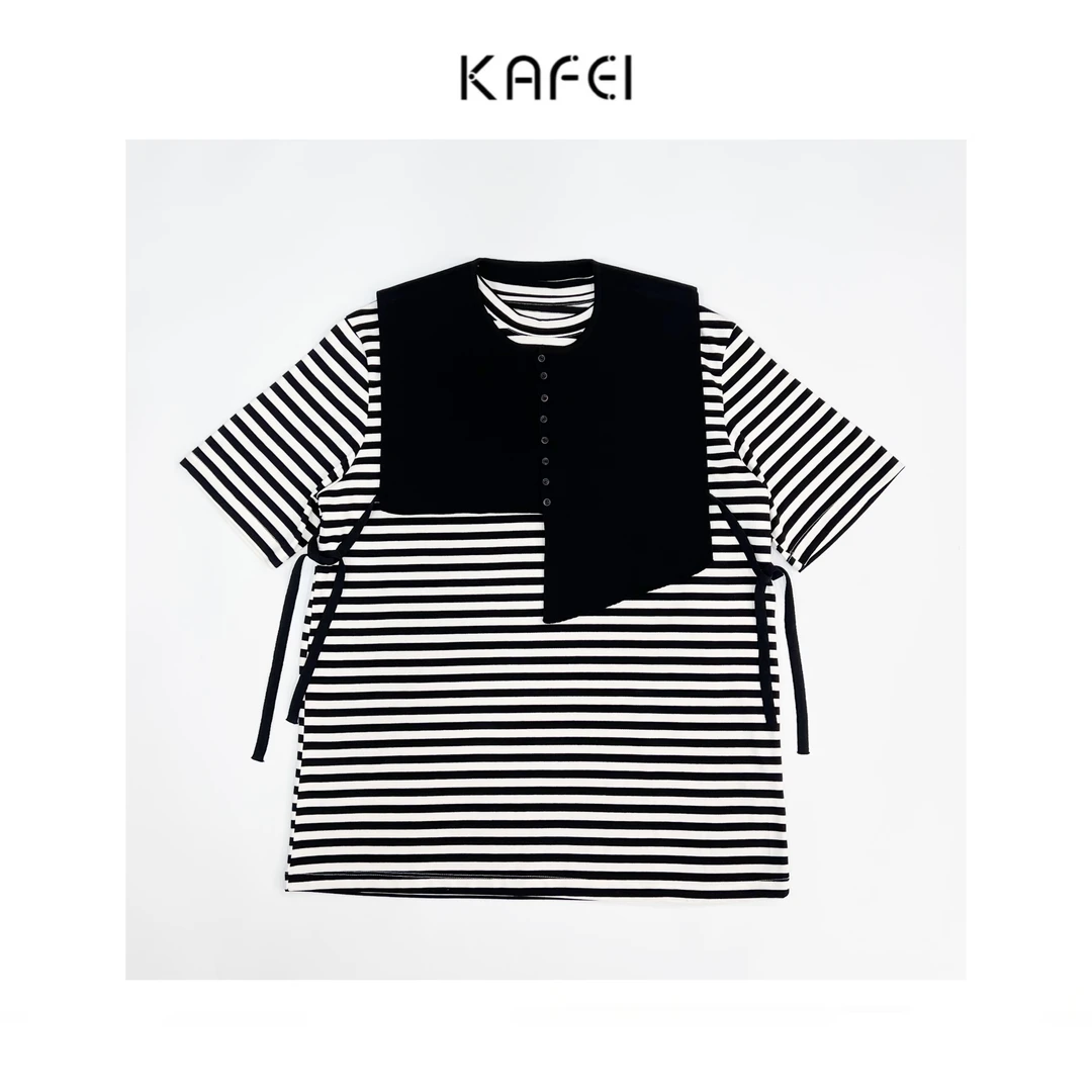 咖妃~【钢琴键】条纹圆领套头短袖可拆披肩宽松大版设计款穿搭T恤