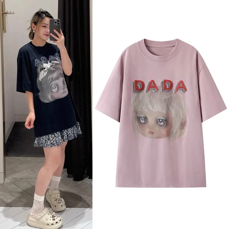 2112原单商场同款卡通娃娃印花贴布刺绣宽松休闲圆领短袖T恤