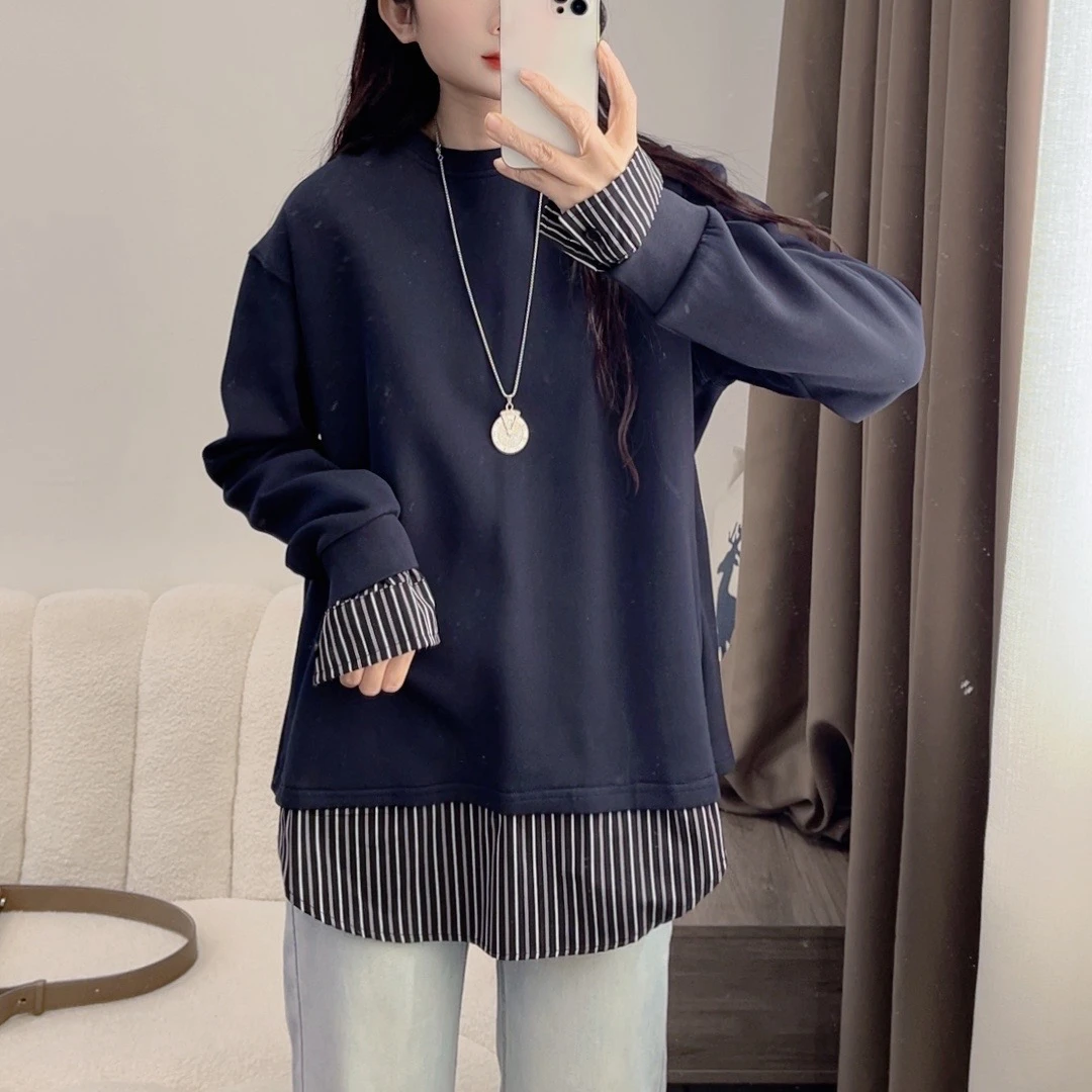 韩版长袖休闲宽松中长款假两件时尚卫衣显瘦百搭拼接上衣DYY2622