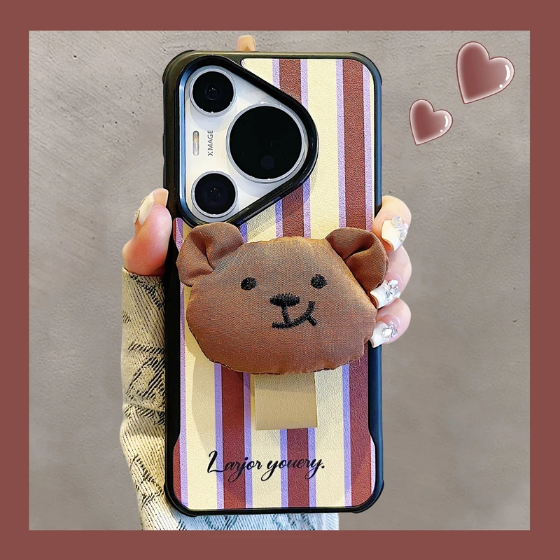 适用华为pura70pro+手机壳p60pro复古条纹小熊指环扣mate70/60pro