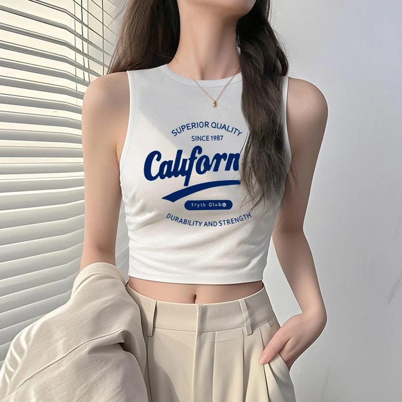 白色纯棉坎肩无袖背心女内搭2025年夏季新款露脐短款印花外穿上衣