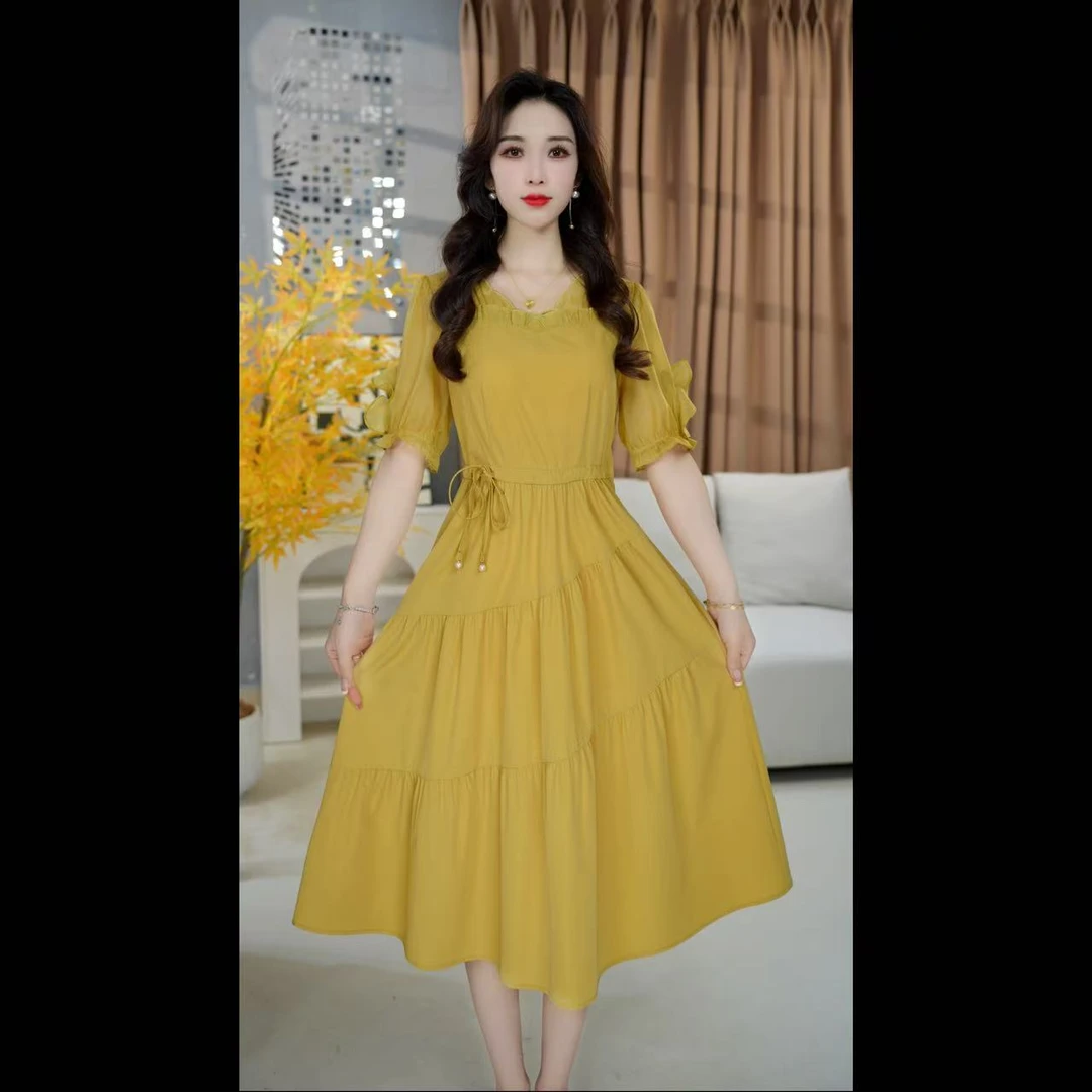 法式收腰气质时尚洋气夏季女装高腰显瘦温柔中长款连衣裙25A38