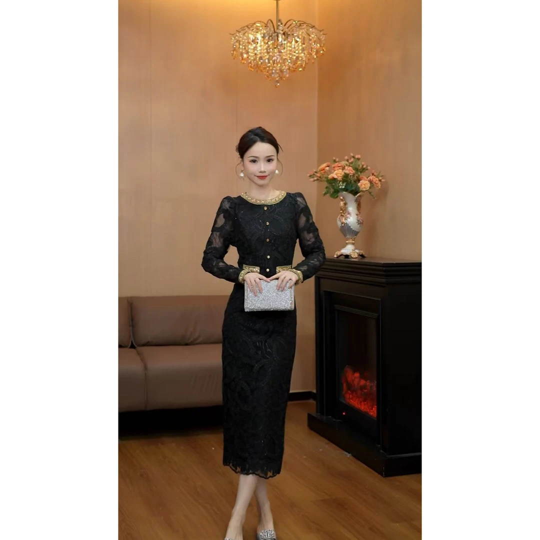 6510【镂月吟乡】高级黑色蕾丝修身包臀重工显曲线掐腰连衣裙