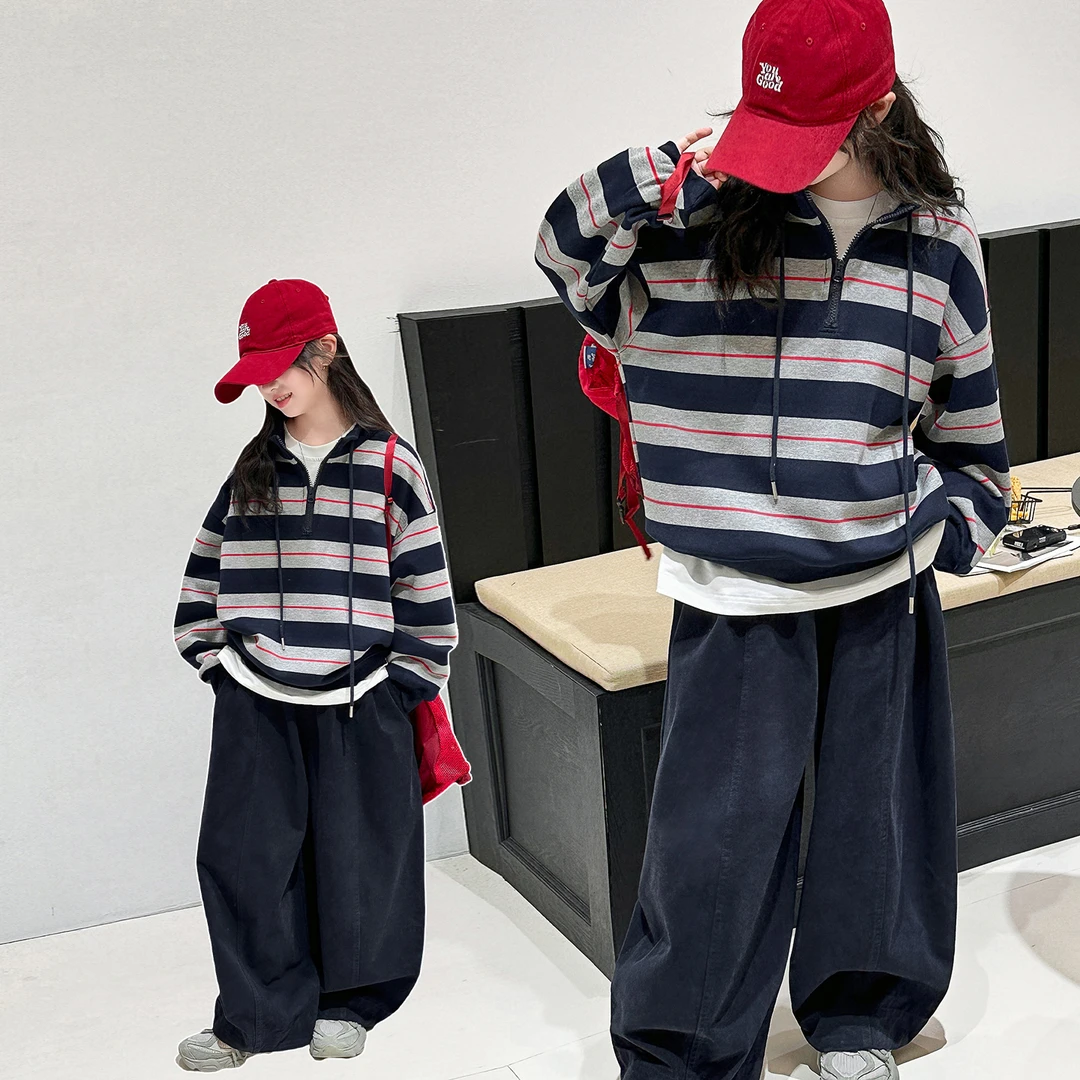 女童条纹卫衣套装秋款2025欣款儿童韩系春秋季大童工装裤两件套潮