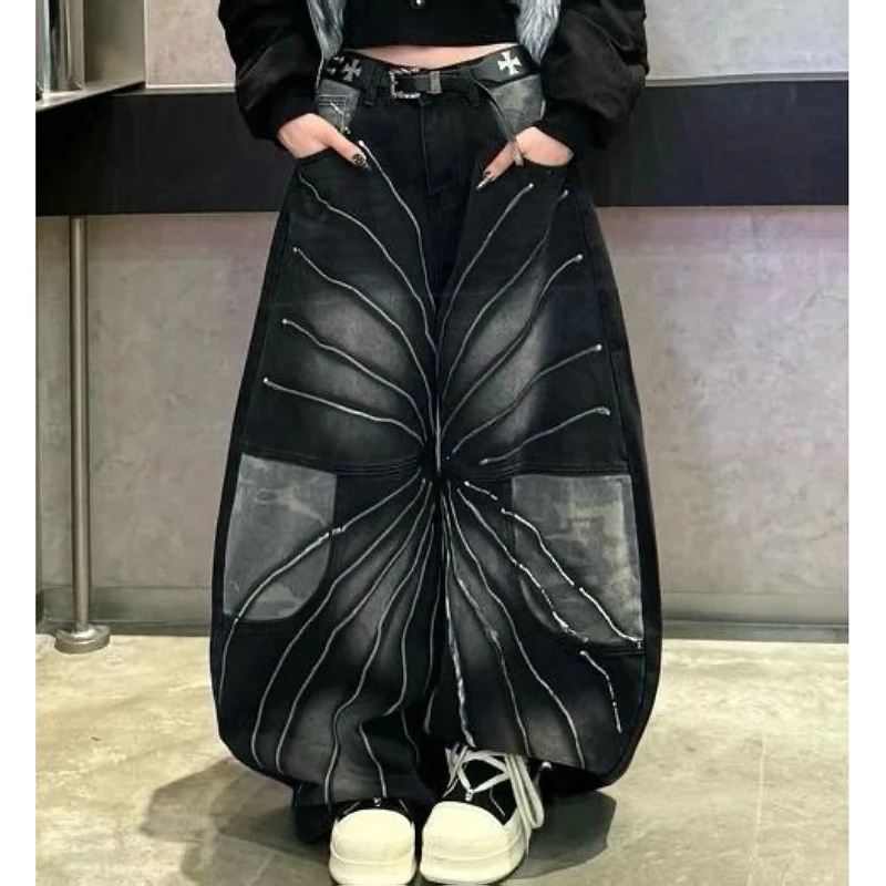 特大码300斤复古拼接弯刀牛仔裤男女款秋冬季宽松百搭阔腿裤潮牌