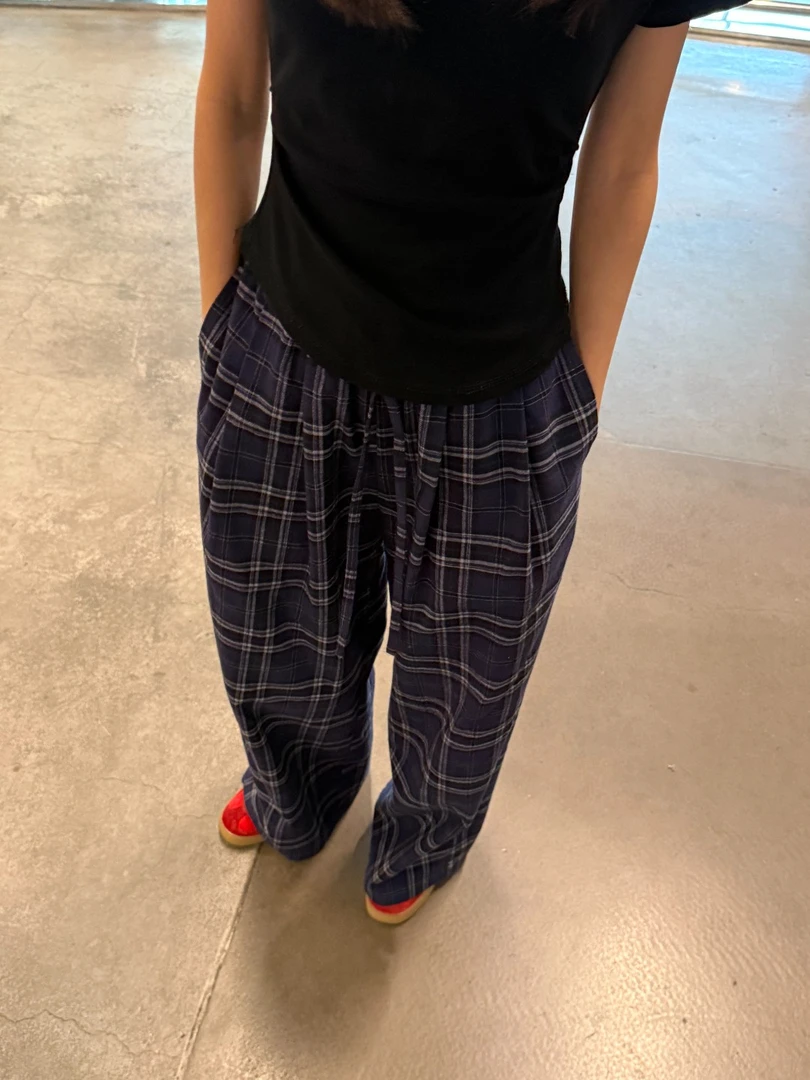 LazyMint新款美式复古风格子休闲裤女显瘦复古高腰百搭宽松拖地裤