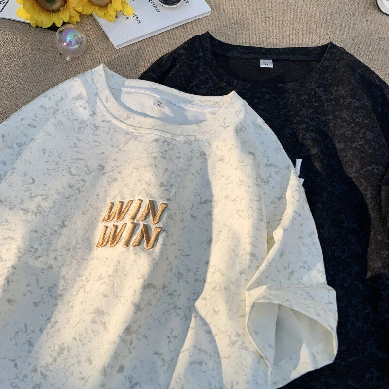 白色美式260g重磅扎染短袖男夏字母刺绣t恤oversize痞帅情侣半袖