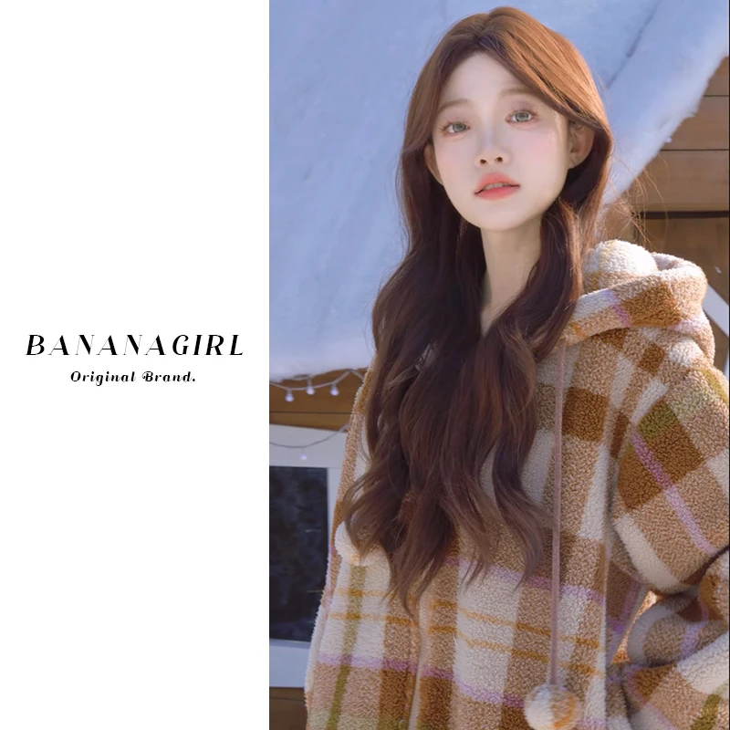 Bananagirl睡衣女春秋宽松加厚加绒格子长袖连帽外套家居服可外穿