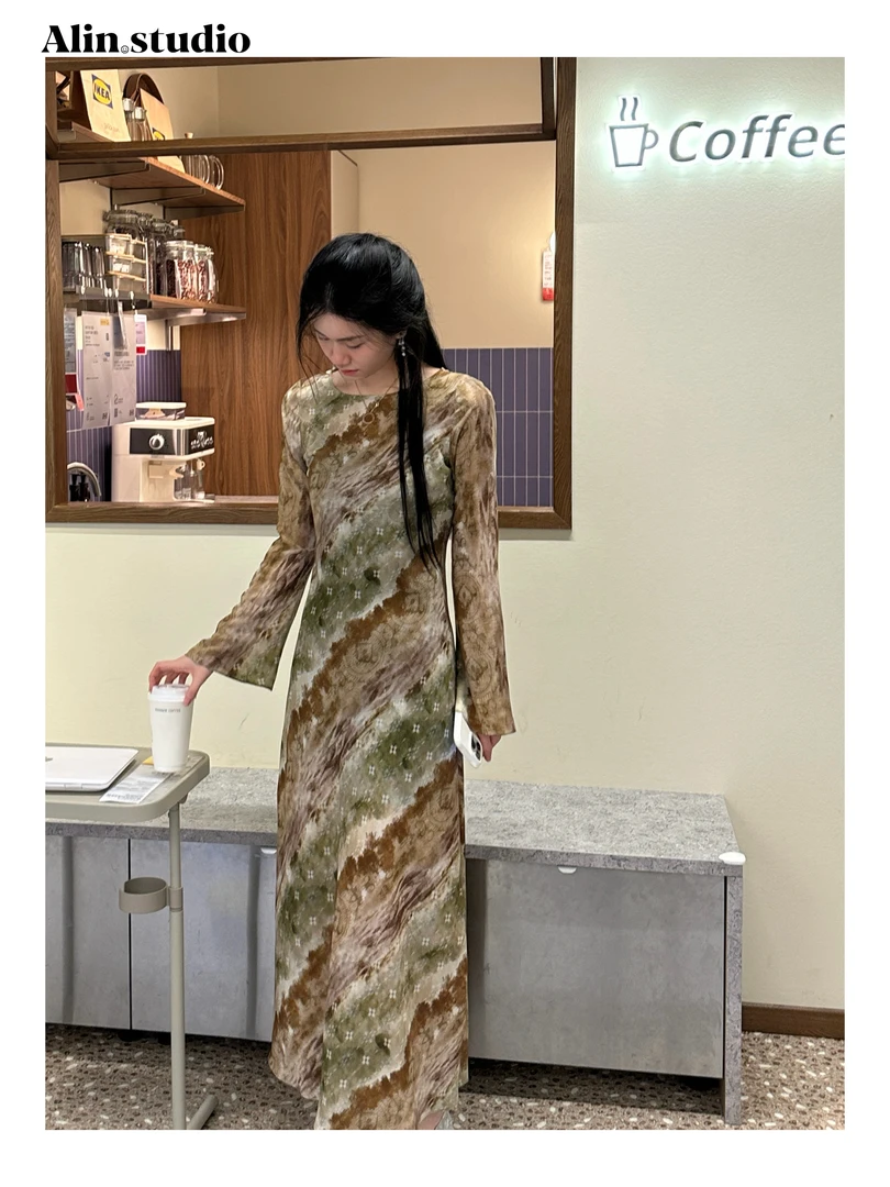 【Alin】(绿咖)摩登女王45度斜裁轻奢显瘦气质连衣裙喇叭袖修身长裙