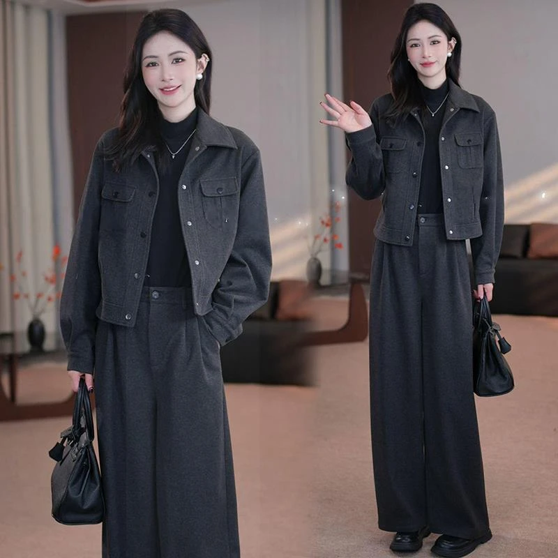 时尚套装女2025秋季新款洋气宽松显瘦毛呢短款外套阔腿裤两件套潮