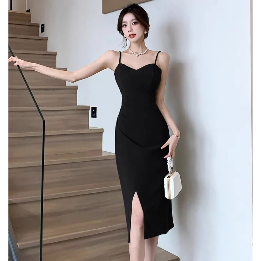1688A春夏新款法式性感显瘦吊带裙小黑裙时尚气质收腰连衣裙开叉