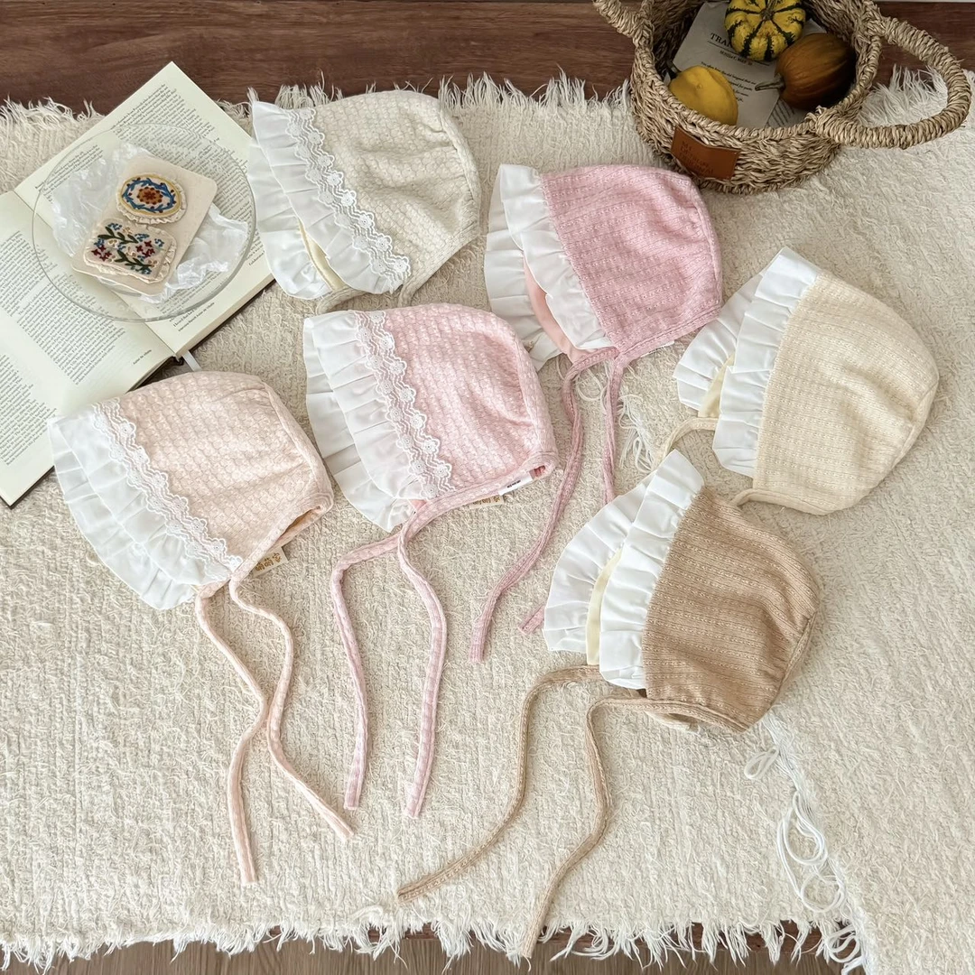 萌萌家高定款可爱蕾丝花边超萌宝宝薄款护耳帽纱布包头帽女宝宝