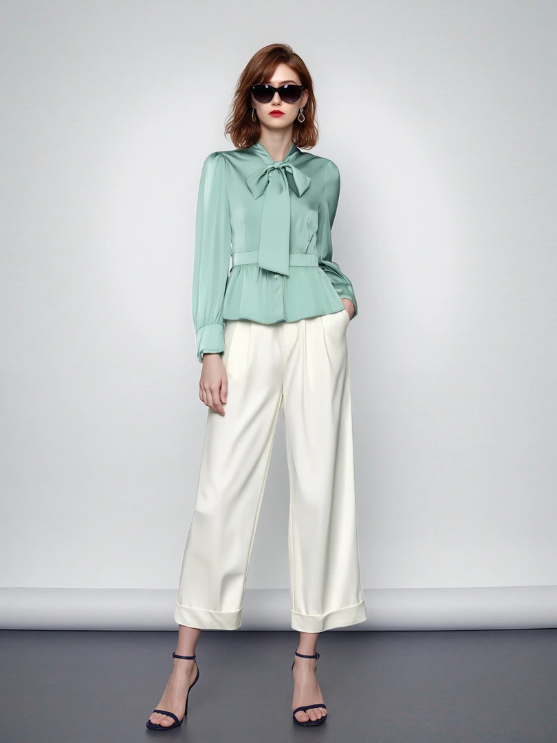 BCVOGA蝴蝶结成人夏季长袖蓝色飘带衬衫POLO领短款不褪色法式小衫