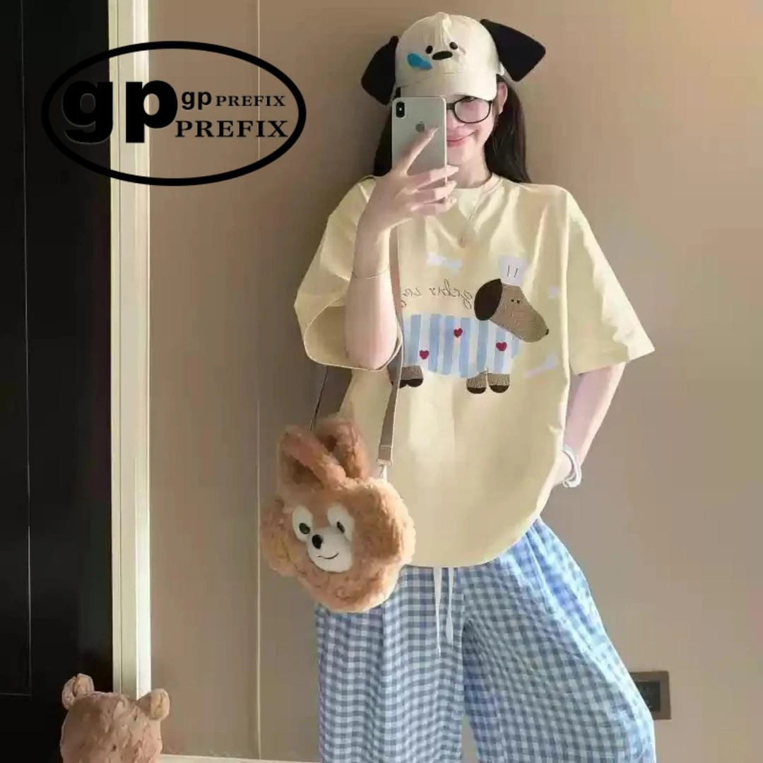 日系小众GP纯棉睡衣女夏季短袖格子睡裤学生可外穿家大码居服套装