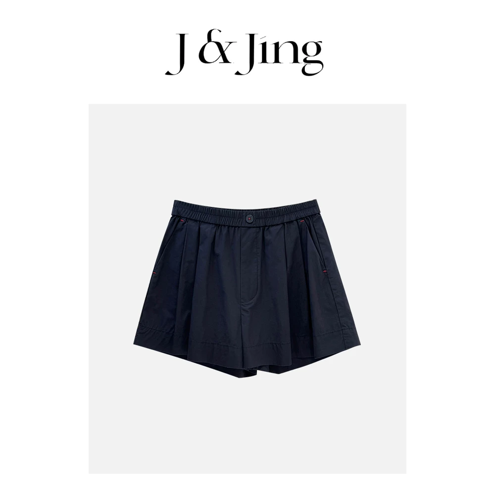 J&Jing-「一条像裙子的短裤」-上新~红线藏青色宽松酵素洗短裤25002