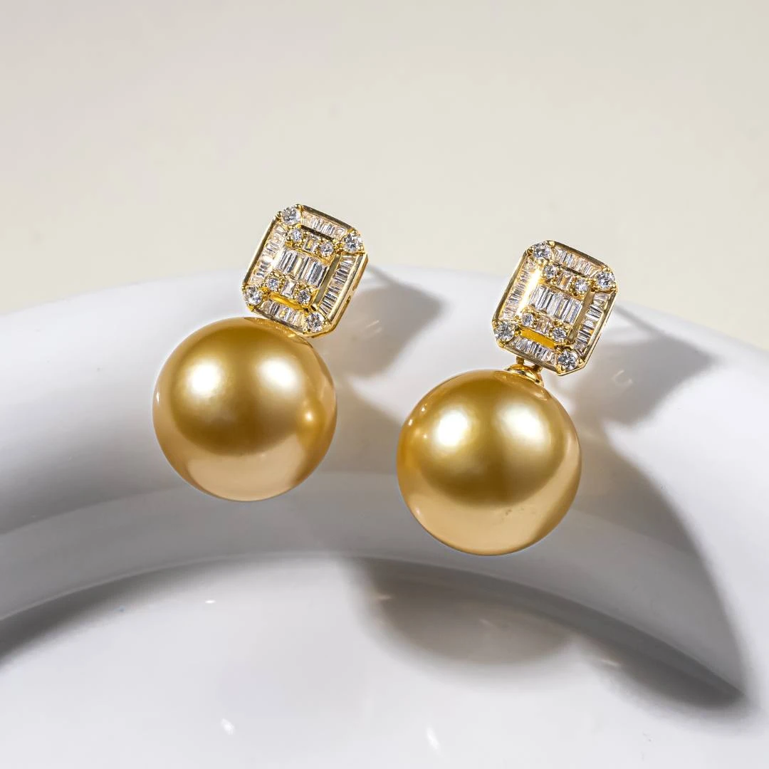 AKOYA【孤品】南洋金珍珠QC耳钉18k金镶钻13-14气质金色2044