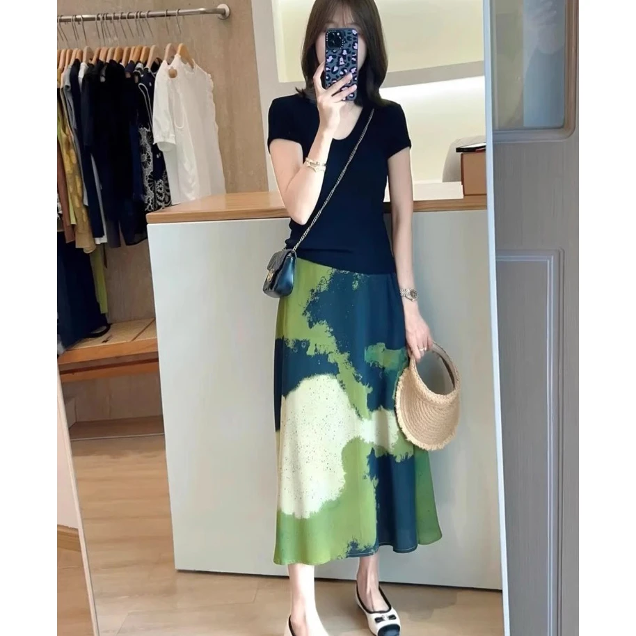 时尚气质高级感小个子高腰显瘦蓝绿半身裙子长裙女2025新款夏季