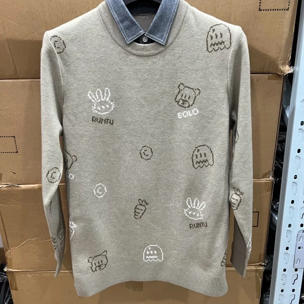 8951撤柜H剪标翻领衬衣领假两件厚毛衣针织衫春秋冬男士卡通满印