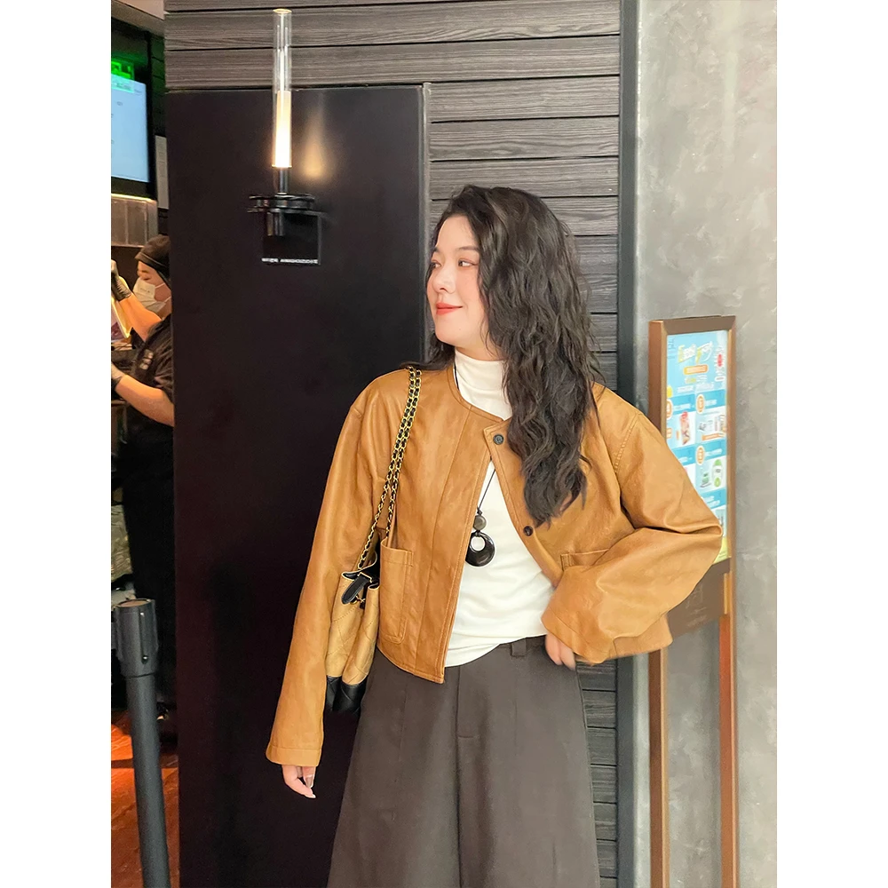 WenWen小个子2025 韩系早秋新款圆领皮衣单排扣短外套4229