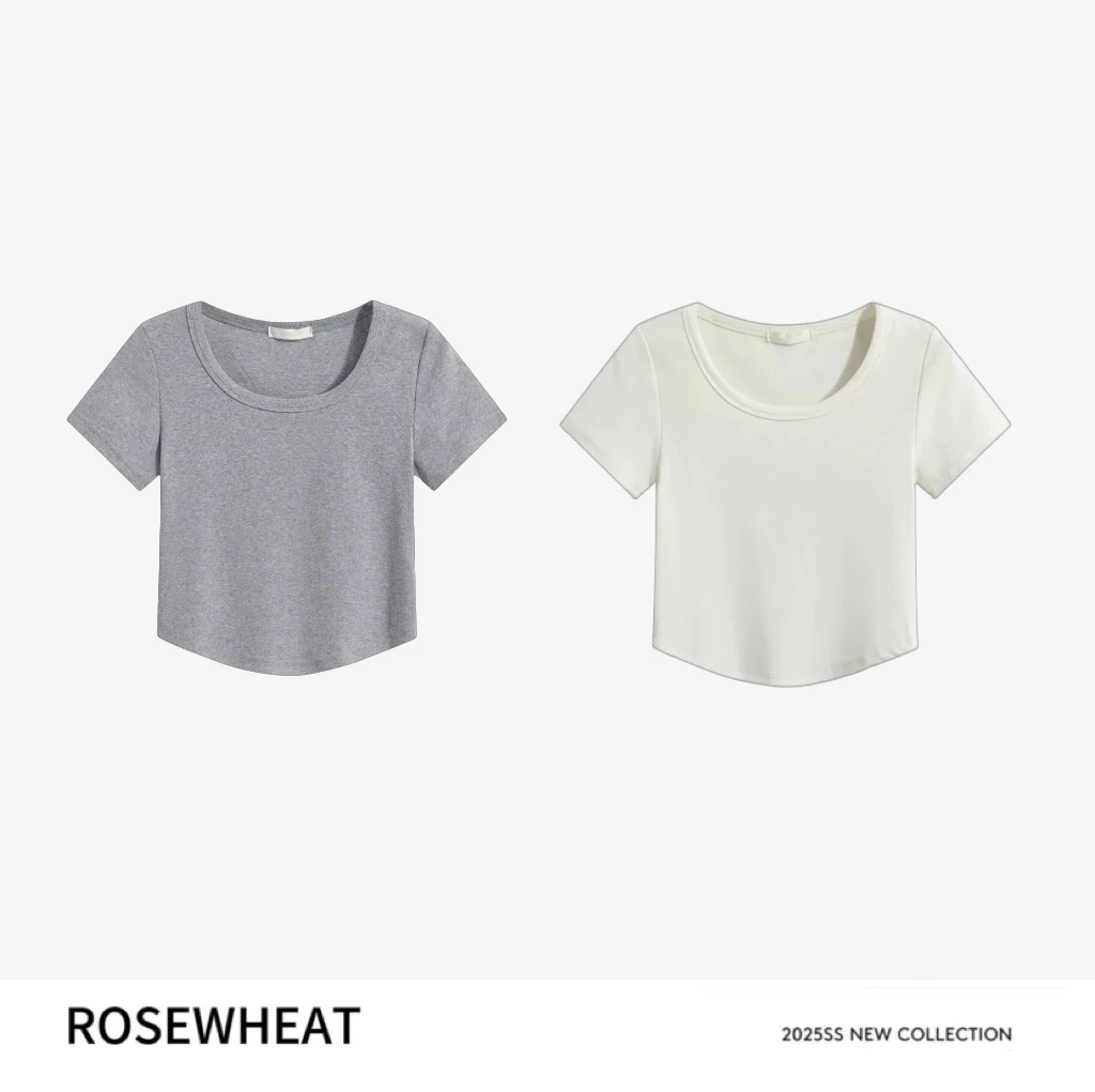2025夏季新款 宽松U领T恤短款纯色不规则小众夏季短袖