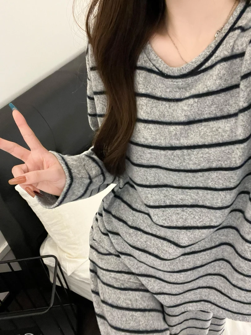 韩系条纹德绒睡衣女款秋冬2025新款大码打底家居服两件套可外穿