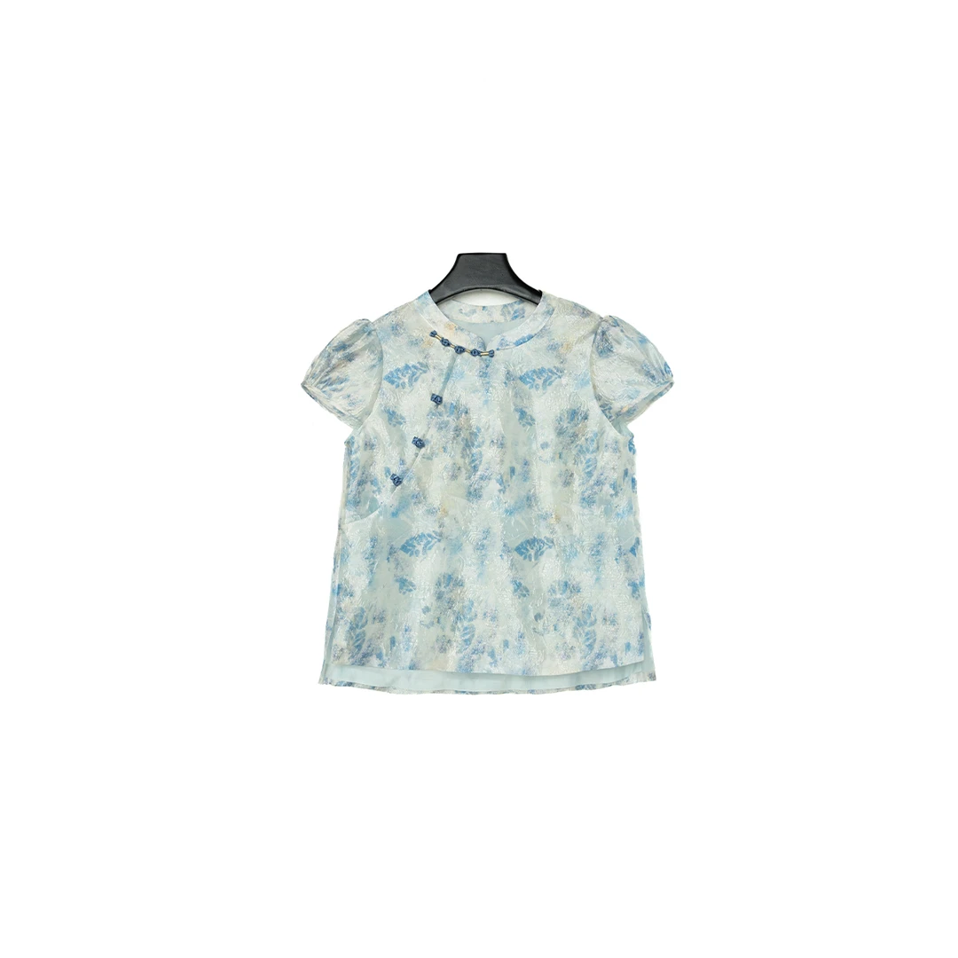 【玲珑】2025夏季新中式新款泡泡袖提花立领短袖小衫G8361