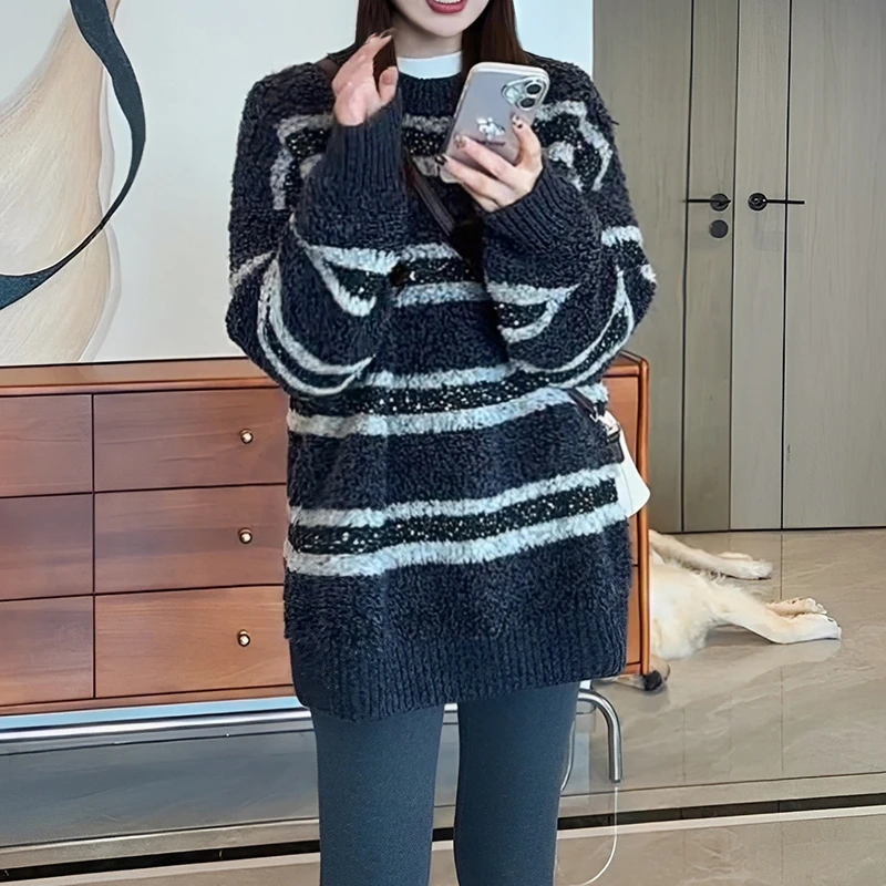 大码法式慵懒风高级感亮片条纹毛衣女冬季微胖mm宽松显瘦针织上衣