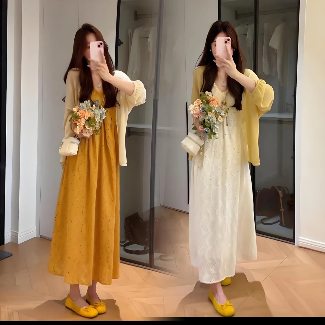 2025夏季新款法式温柔风薄款宽松针织开衫V领镂空收腰吊带连衣裙