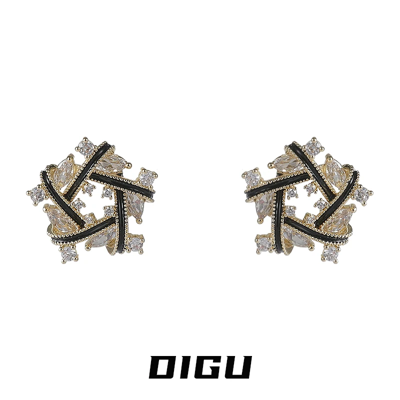 嘀咕家 铜合金合成锆石耳饰 精致交叉耳环气质黑金色耳钉轻奢耳饰