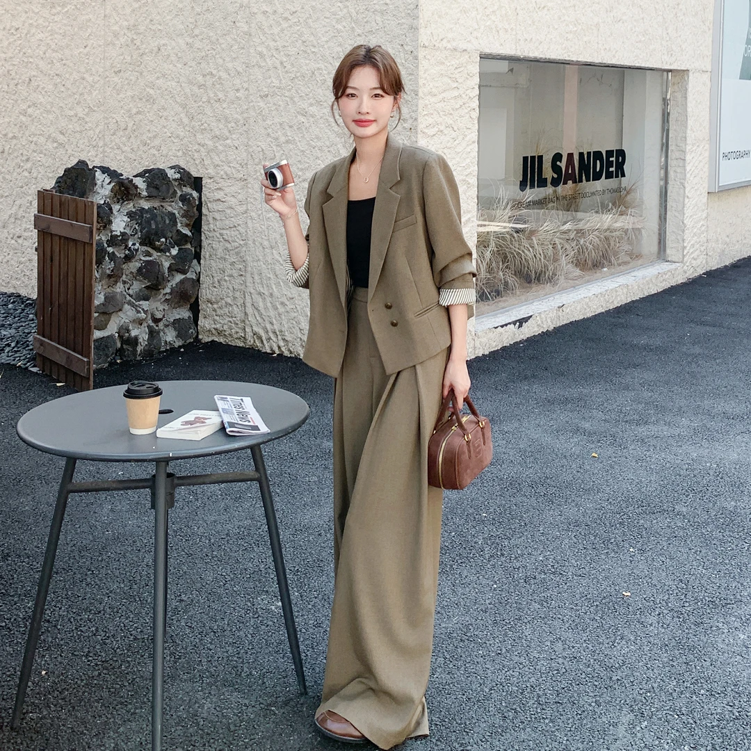 时尚高智感气质显瘦套装女2025秋季新款设计感西装阔腿裤两件套