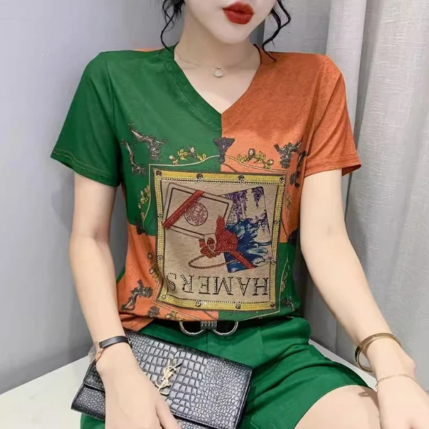 【夏季新款】彩色拼中年妈妈v领定位印花短袖T恤弹力网纱打底衫上衣