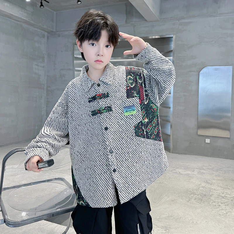 男童国风秋季衬衫外套6-12岁中大童休闲帅气韩版衬衣儿童上衣男孩