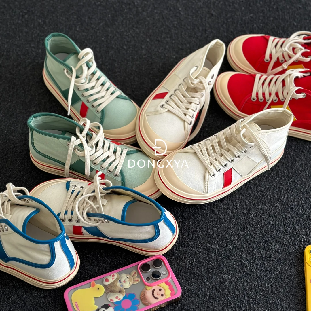 DONGXYA｜设计师轻奢欧货冈山帆布鞋｜牛皮拼布系带彩色高帮休闲鞋