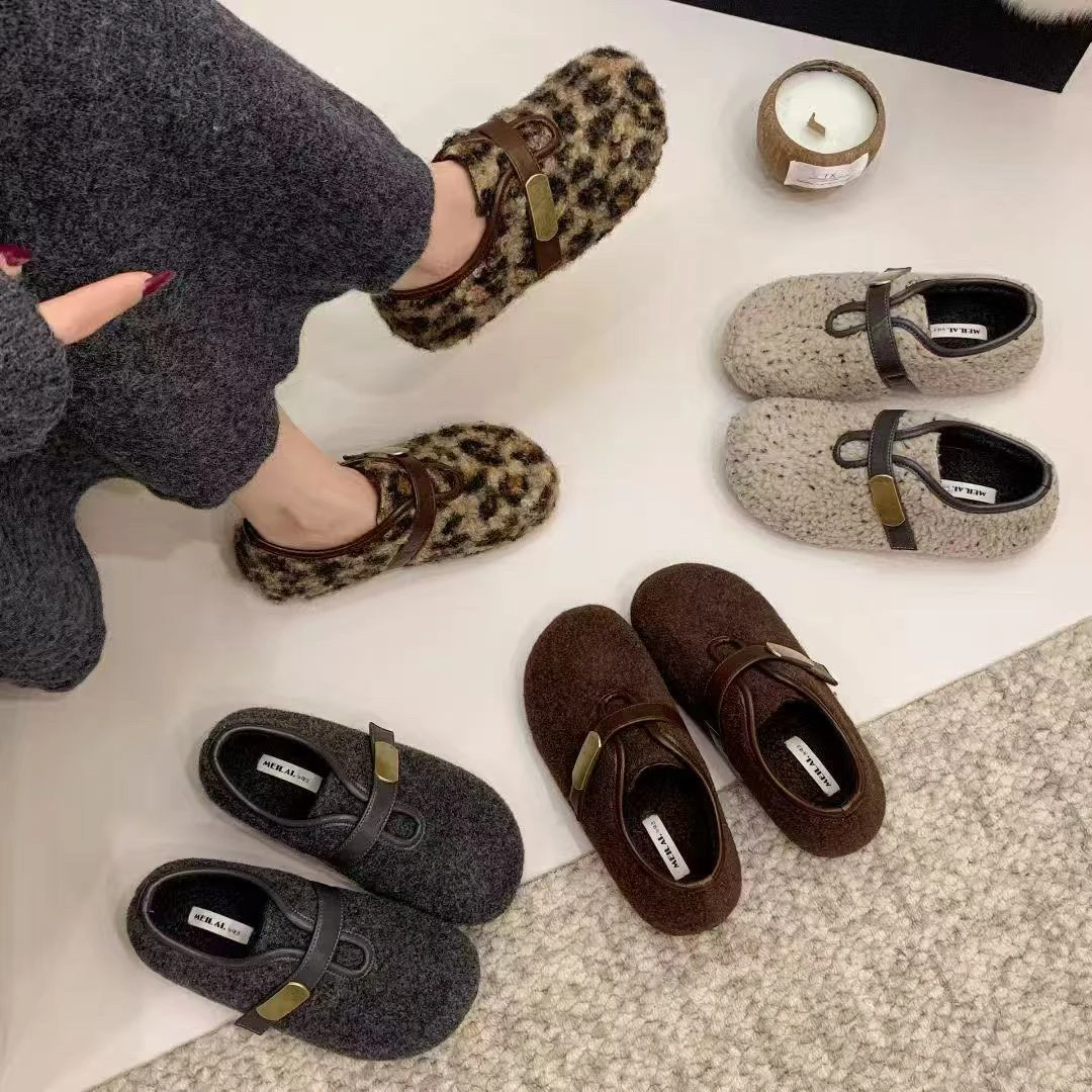 LAIMINI ～勃肯毛毛鞋复古百搭纽扣魔术贴秋冬保暖棉鞋女