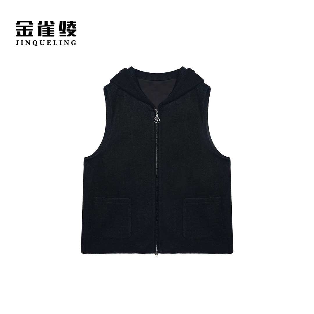 金雀绫【艺术家】时尚针织连帽百搭纯色加宽加大马夹SZA3TL636