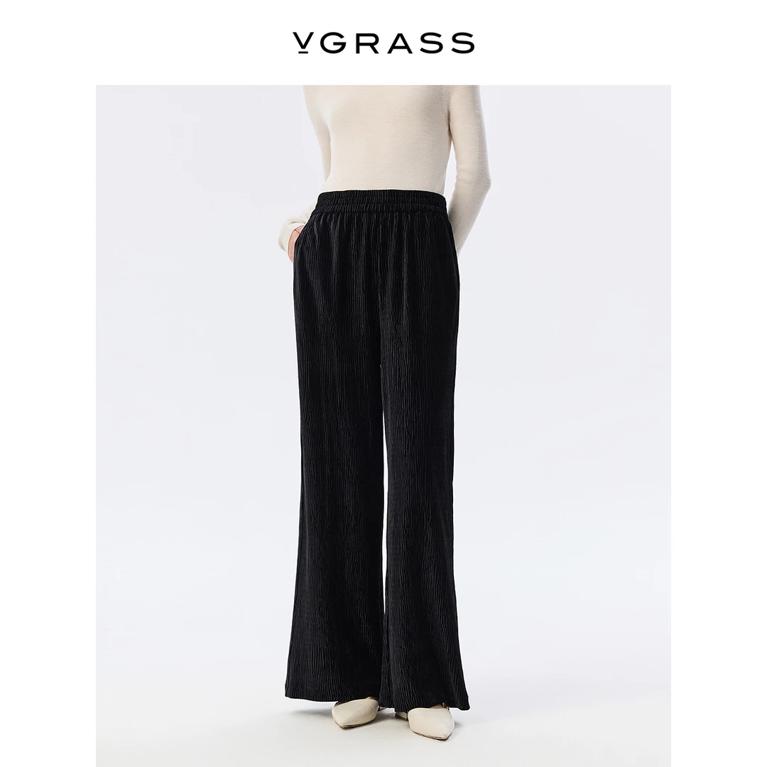 VGRASS三宅风牙签褶阔腿裤女秋季新款垂坠显瘦休闲裤VSK4P3526D