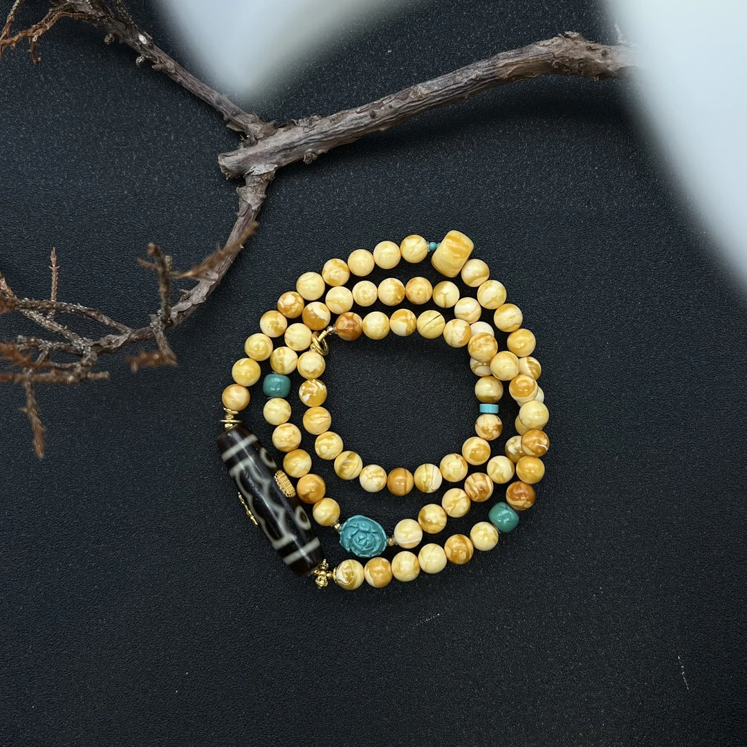 【润家原创】天然琥珀蜜蜡7mm石膏花蜡18K金三圈手串*黄财神*#6874