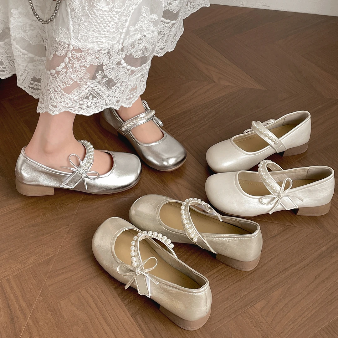 复古银色法式圆头浅口粗跟单鞋女秋2025新款配裙子百搭玛丽珍女鞋
