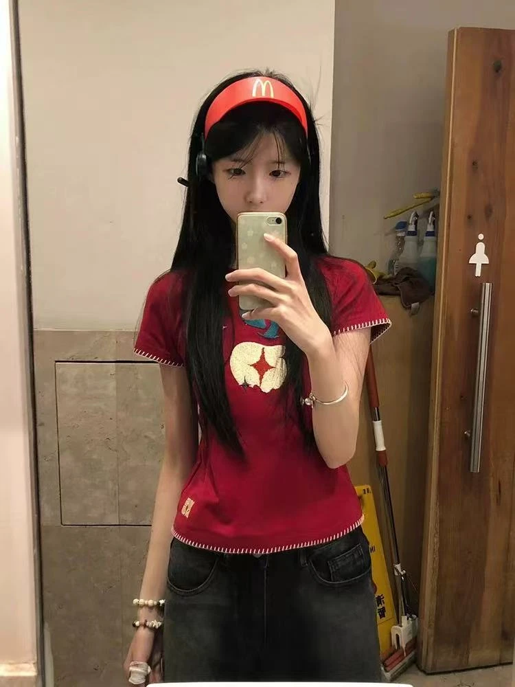 星星苹果刺绣正肩短袖t恤女夏季姐妹款美式甜辣妹修身短款上衣潮