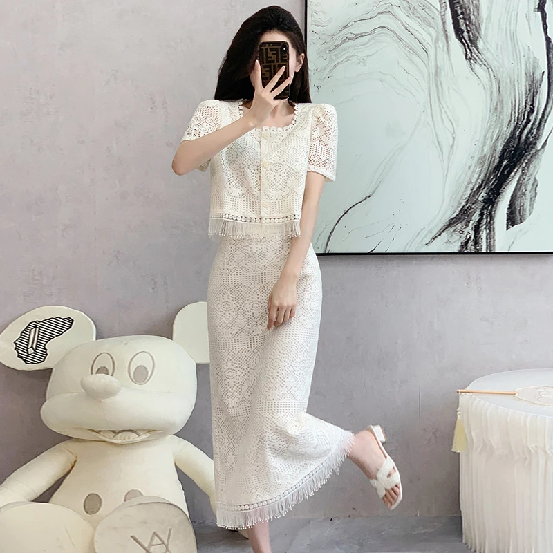2025夏季新款时尚方领拼接流苏蕾丝气质小香风半身裙两件套小个子