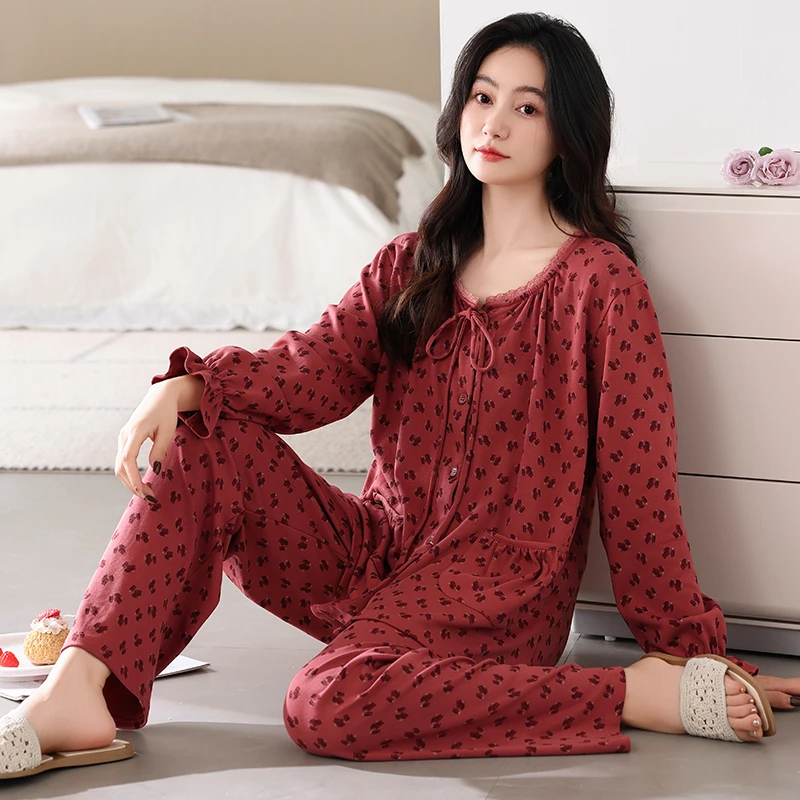 田园风长袖长裤睡衣女薄款圆领开衫套装家居服女大码女士女款女孩