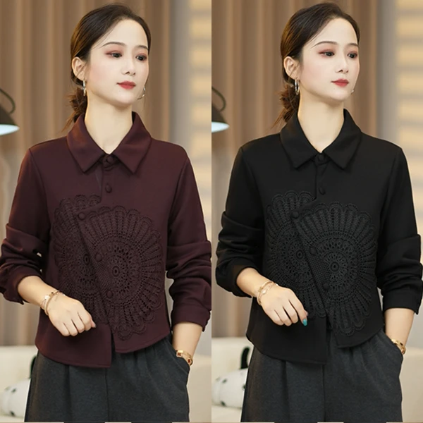 秋季新款时尚气质显瘦减龄高级感钩花衬衫遮肉显瘦百搭长袖上衣