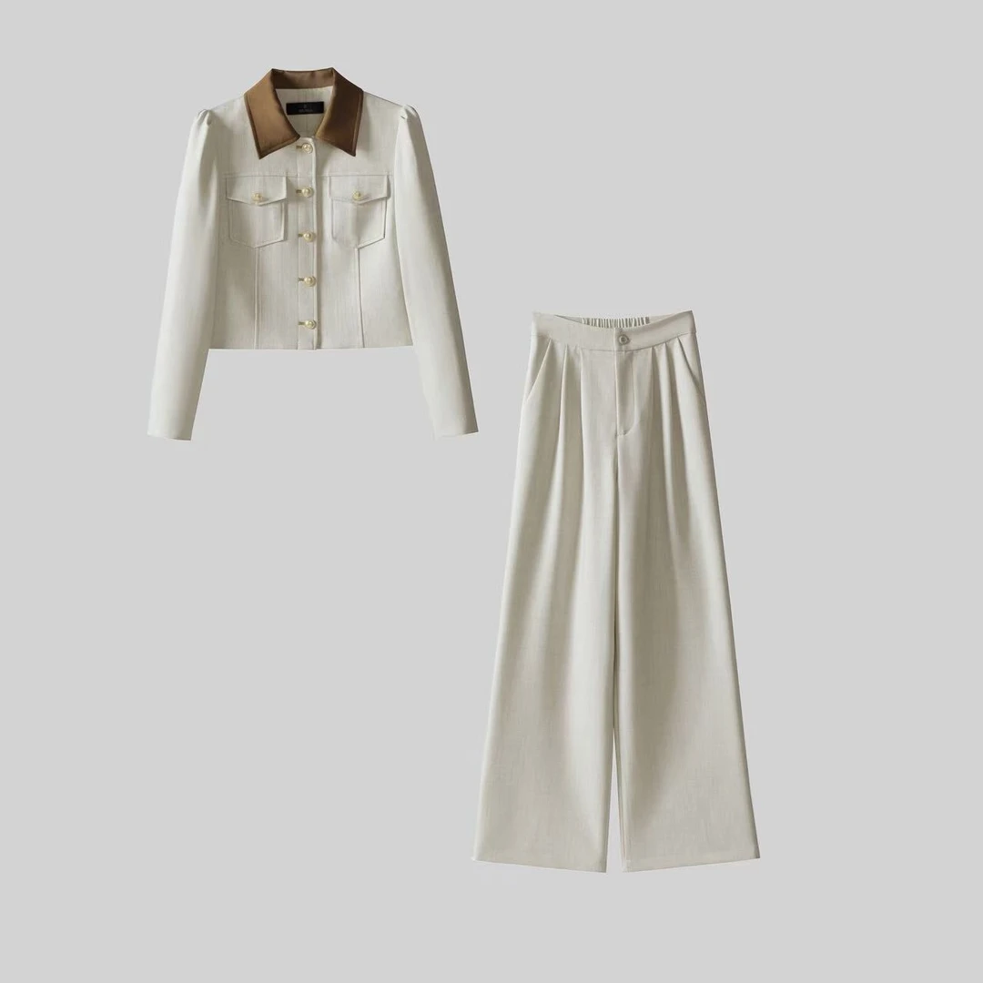 〈纪朵研〉1339春秋高腰复古轻职风秋季上衣阔腿裤时尚套装