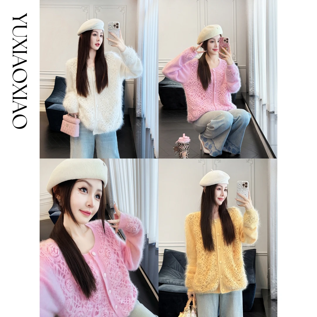 余潇潇【蔷薇月令】甜美镂空钩花亲肤圆领100山羊绒长袖秋冬毛衫