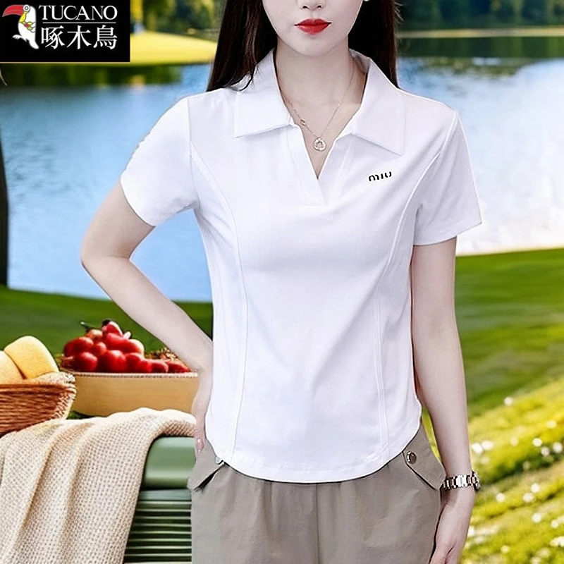 啄木鸟夏季薄款短袖POLO领刺绣T恤2025年新款女士减龄小众上衣女