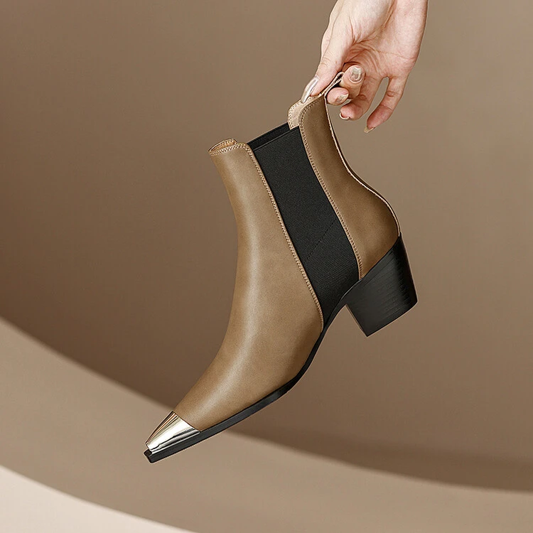 2025年新款真皮尖头切尔西靴女短靴粗跟法式气质简约百搭马丁靴女