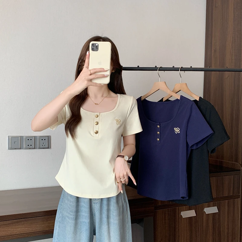 夏装新款胖mm大码女款女简约百搭刺绣修身显瘦正肩短袖T恤A1577