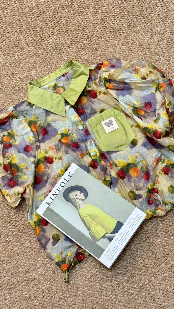 Miss huo 印花短袖衬衫 A绿花 7096
