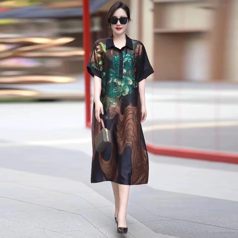 200斤加肥加大重磅仿真丝妈妈连衣裙时尚洋气夏季中年仿桑蚕丝长